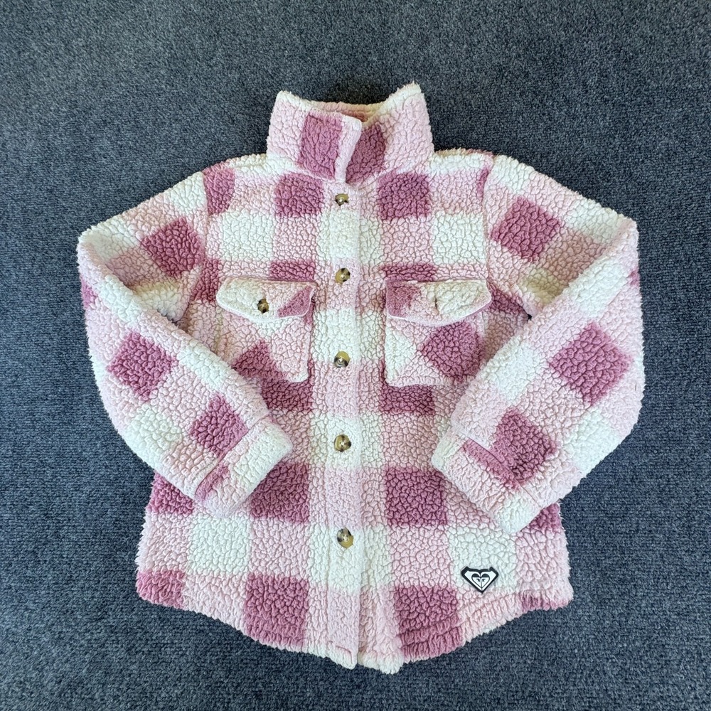 Roxy Shacket Girls XL Pink White Plaid Logo Sherpa Faux Fur Pockets READ